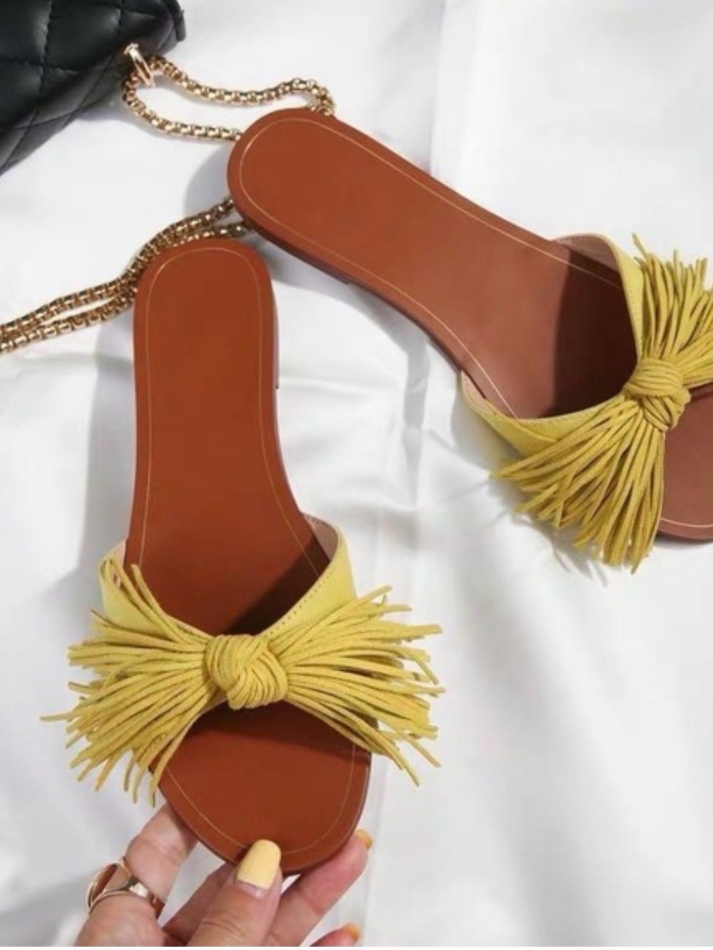Zara Yellow Fringe Knot Slide Sandals - Women